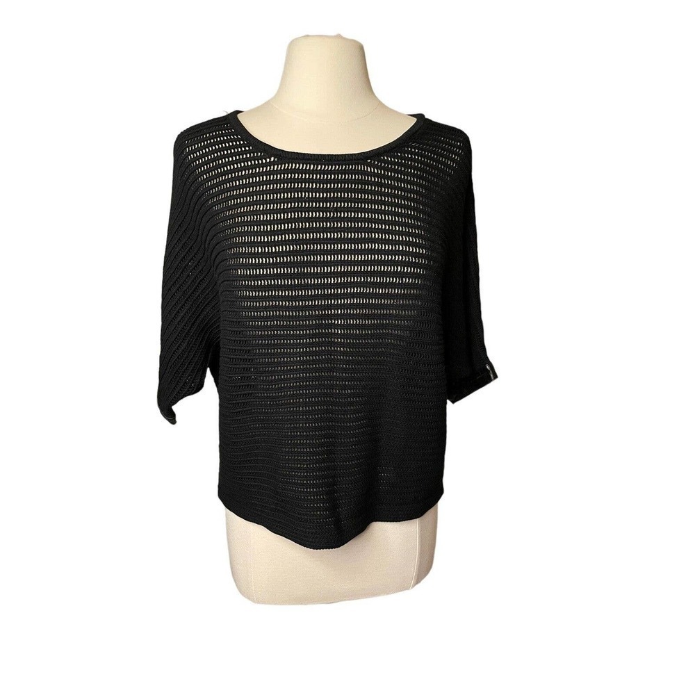 Club Monaco Open Knit Oversize Cropped Sweater Faux Leather Trim Medium